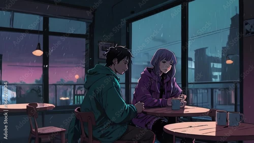 Lofi couple in Cozy room, romantic and valentine couple concept. seamless looping time-lapse Japanese anime-style 4k lofi hip-hop bites landscape music background animation video Lofi couple in Cozy room, romantic and valentine couple concept. seamless looping time-lapse Japanese anime-style 4k lofi hip-hop bites landscape music background animation video