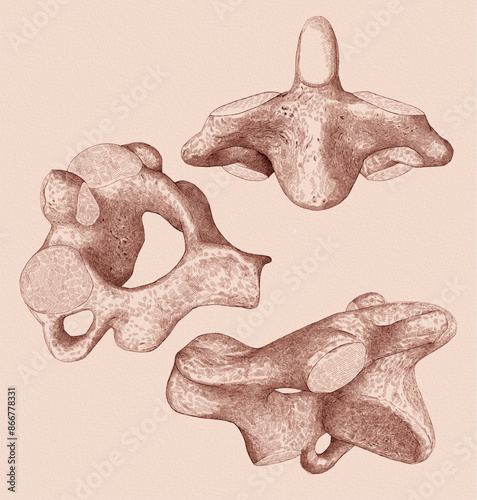 Isolated, vintage, medica lillustration of C2 (axis) cervical bone, diffirent view angle.