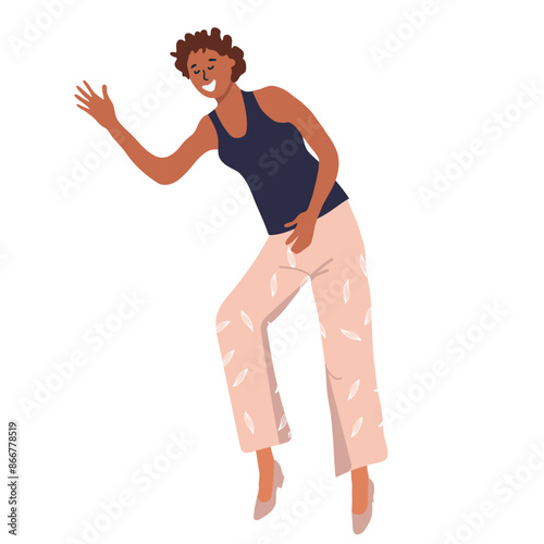 Vector illustration of a crazy, funny, carefree black girl dancing at a party and having a good time, isolated on a white background