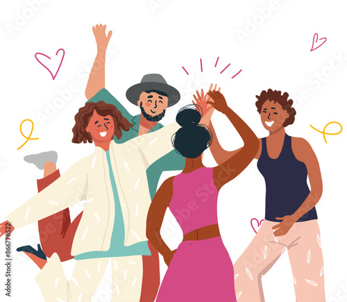 Celebrating International friendship day concept. Group of young positive people doing high five together, young generation celebrating social event holiday vector illustration