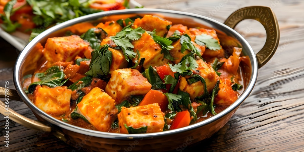 Indian paneer tikka masala with vegetables in a traditional balti dish. Concept Indian Cuisine, Paneer Dishes, Vegetarian Recipes, Tikka Masala, Balti Cooking