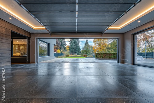 Modern Spacious Garage with Open Doors Overlooking Beautiful Autumn Garden
