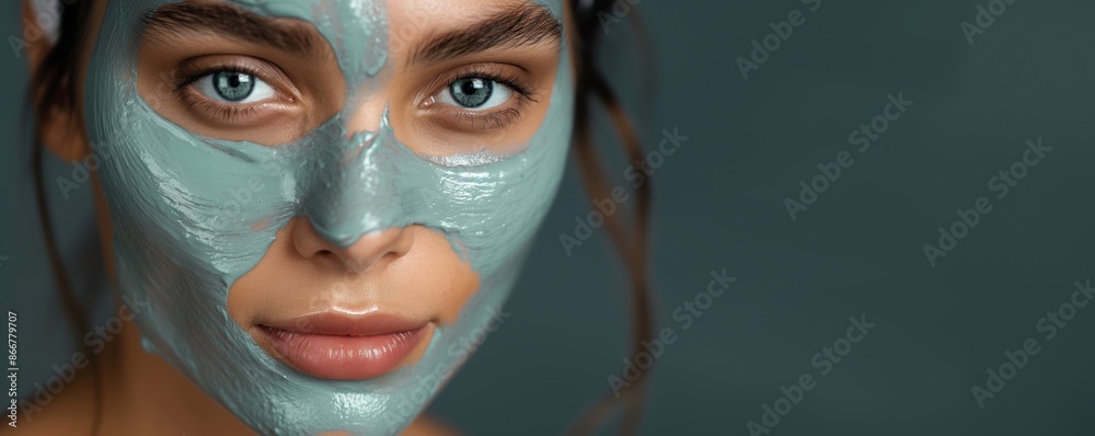 A detailed close-up of a woman's face partially covered with a glossy metallic facial mask, serene and luxury-focused A detailed close-up of a woman's face partially covered with a glossy metallic facial mask, serene and luxury-focused
