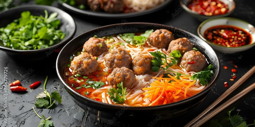 Spicy rice vermicelli noodles with meatballs and roasted pork in broth. Concept Singaporean-Style Noodle Soup, Spicy Noodles, Meatball Soup, Roasted Pork Soup