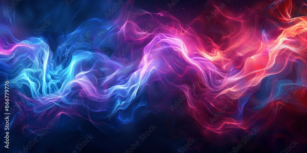 Colorful, abstract light waves, glowing in blue, red, and purple hues, smoothly flowing on a dark background Colorful, abstract light waves, glowing in blue, red, and purple hues, smoothly flowing on a dark background