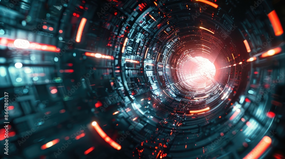 Obraz premium Futuristic Digital Tunnel with Glowing Red and Blue Lights in a High-Tech Environment