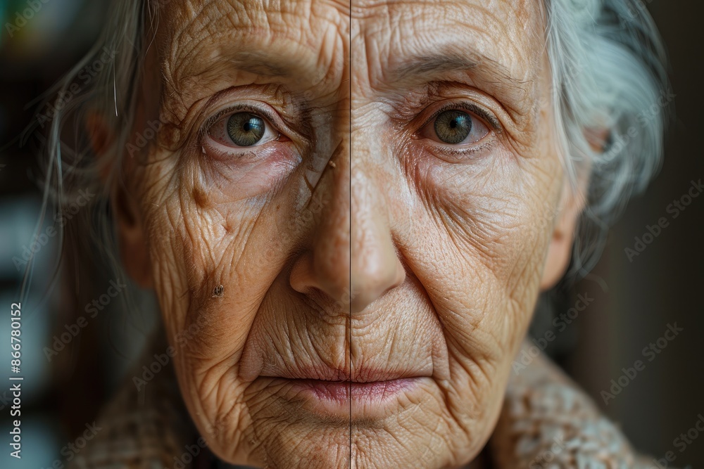 Aging Process Illustrated: Half Face of Elderly Woman Showing Before and After Effects Aging Process Illustrated: Half Face of Elderly Woman Showing Before and After Effects