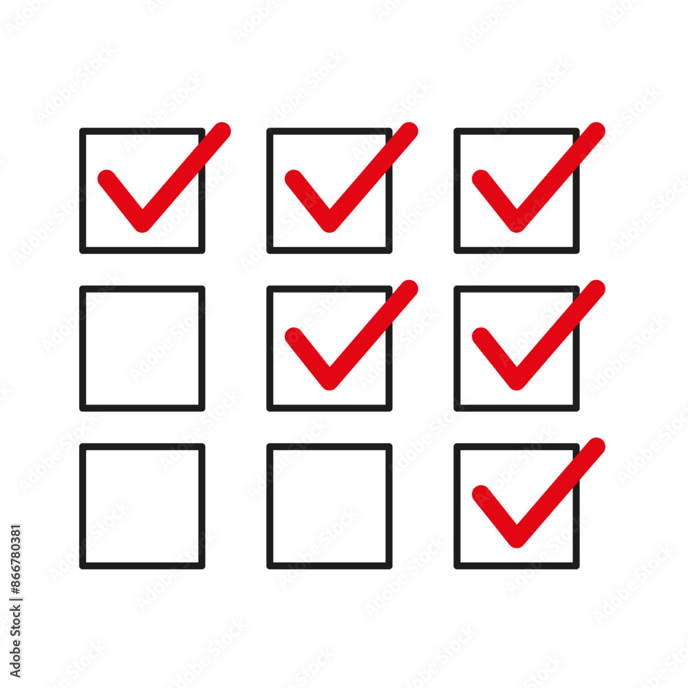 Checkboxes vector icons. Red check marks. Black outline squares. Simple checklist design. Checkboxes vector icons. Red check marks. Black outline squares. Simple checklist design.
