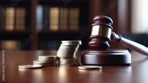 Stack of coins on wooden table with judge gavel