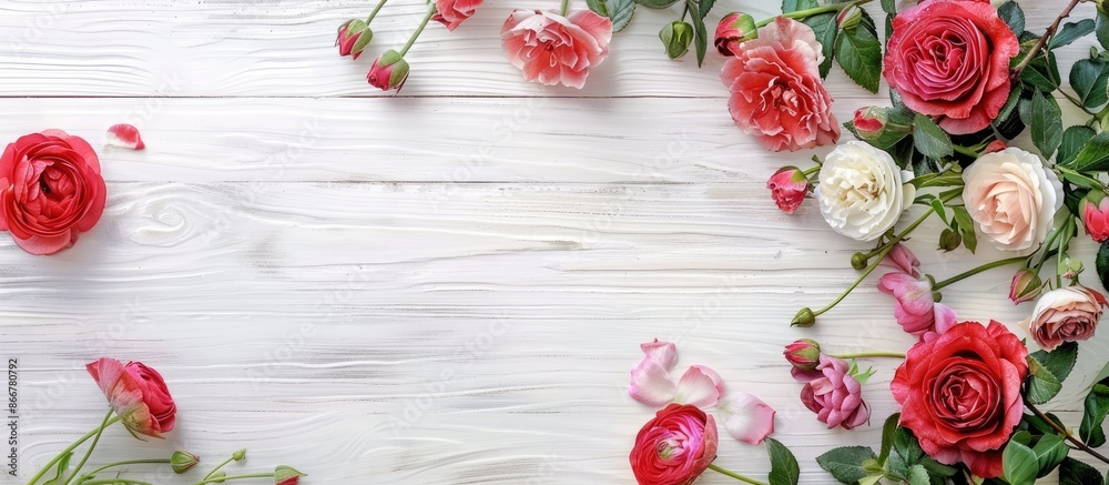 Flowers arranged on a white wooden surface with a top view and space for text. Flowers arranged on a white wooden surface with a top view and space for text.