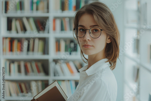 woman wearing glasses holding a book in a library with bookshelves in the background