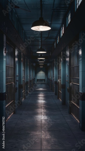 Dimly lit prison corridor with iron bars and overhead lamps, haunting atmosphere