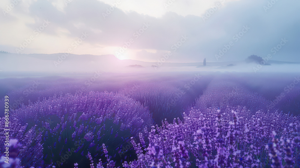 Obraz premium Background with a fog motif in a lavender field. Lavender field close up with rising fog