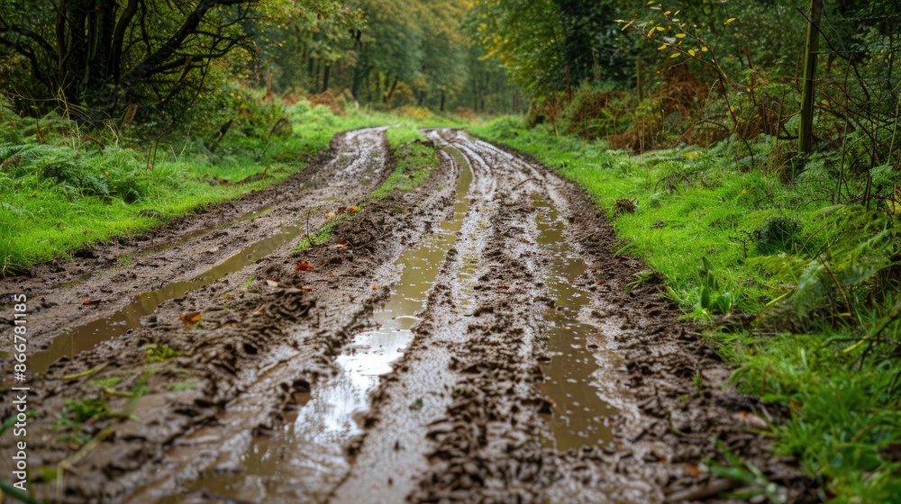 Rural muddy pathway during rainfall Rural muddy pathway during rainfall