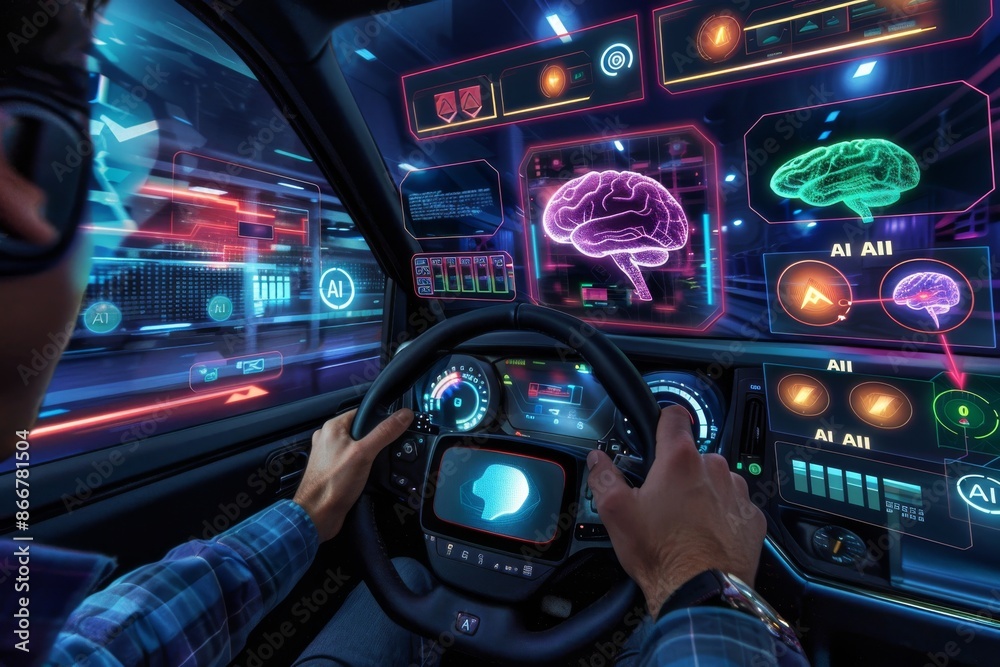 Person using AI in car dashboard, showcasing advanced technology, artificial intelligence, digital interface, high tech automotive innovation