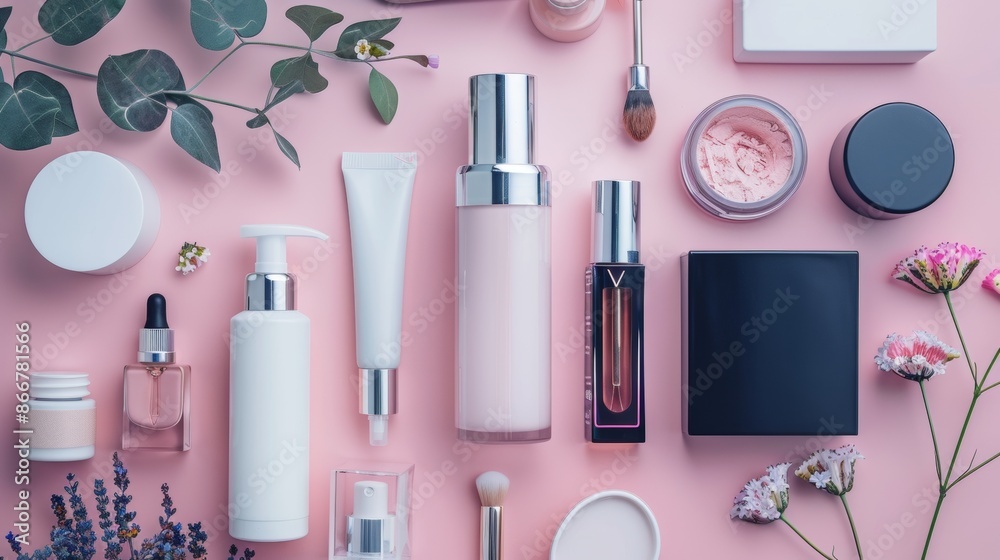 Various beauty products on a pink background Various beauty products on a pink background