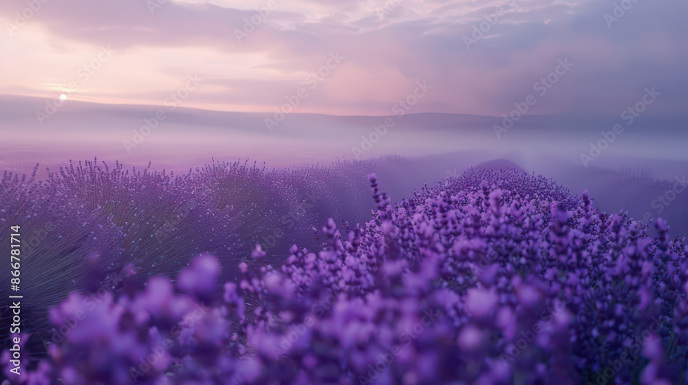 Obraz premium Background with a fog motif in a lavender field. Lavender field close up with rising fog