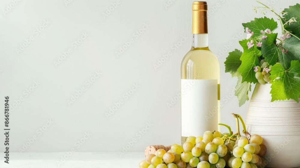 Fototapeta premium A bottle of white wine stands elegantly among clusters of green grapes and lush vine leaves, presenting a fresh and inviting scene perfect for celebrating.