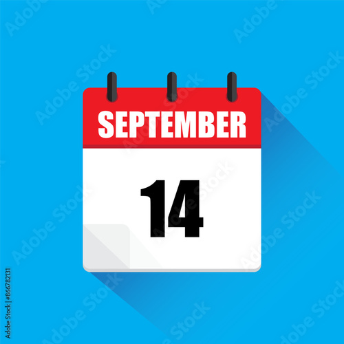 September 14 calendar. Red and white page. Flat vector icon. Blue background.