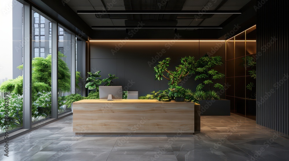 A modern office with a wooden desk and a potted plant. The room is well lit and has a clean, minimalist design A modern office with a wooden desk and a potted plant. The room is well lit and has a clean, minimalist design