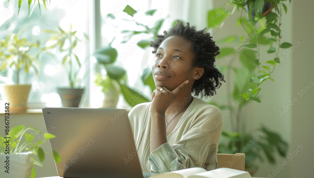 Thoughtful Woman Working on Laptop Surrounded by Plants Thoughtful Woman Working on Laptop Surrounded by Plants