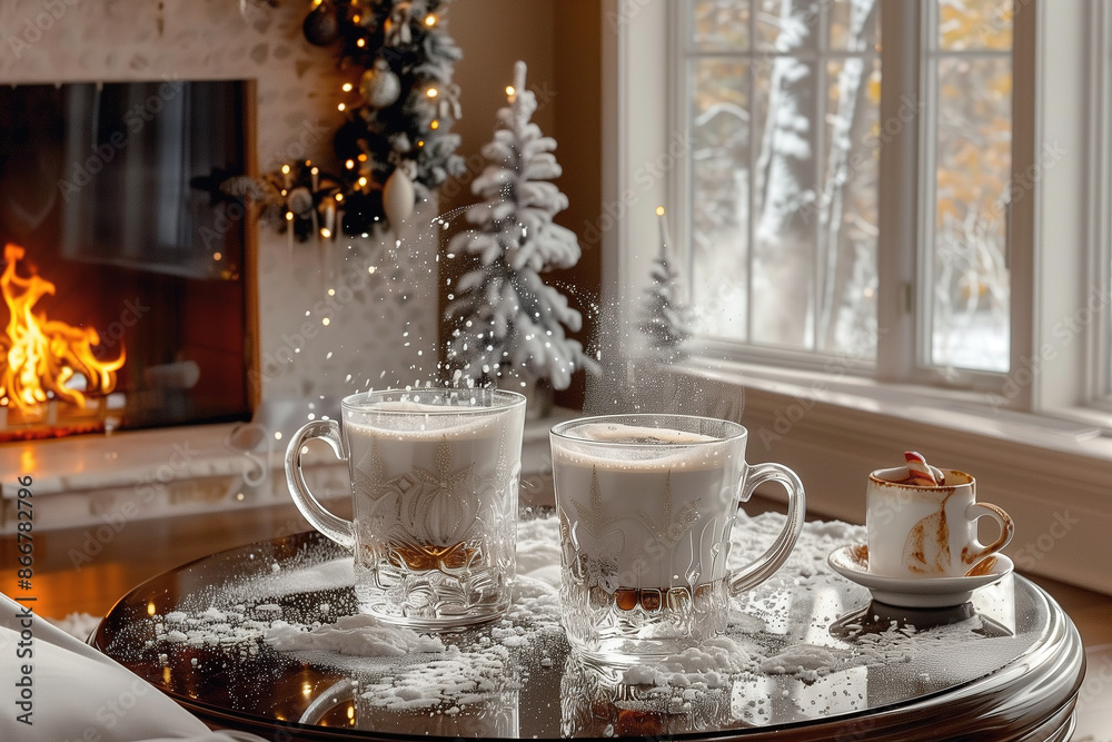 Cozy Winter Scene with Hot Drinks by a Warm Fireplace and Snowy Window Cozy Winter Scene with Hot Drinks by a Warm Fireplace and Snowy Window