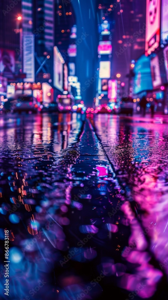 Neon city street with reflections after rain at night Neon city street with reflections after rain at night