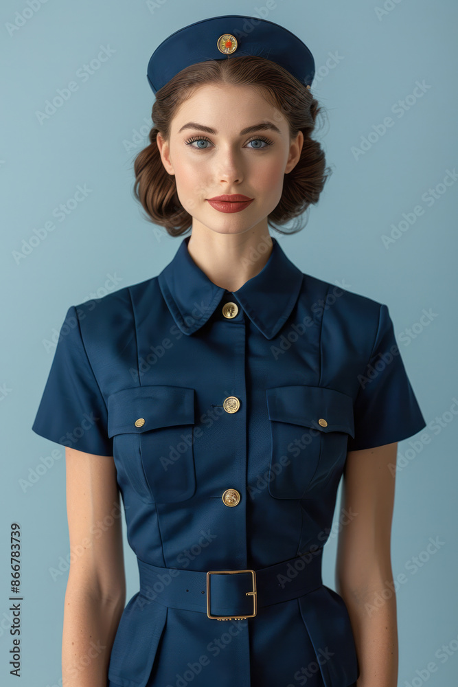 Elegant depiction of a navy blue flight attendant uniform on a plain, light blue background, Elegant depiction of a navy blue flight attendant uniform on a plain, light blue background,