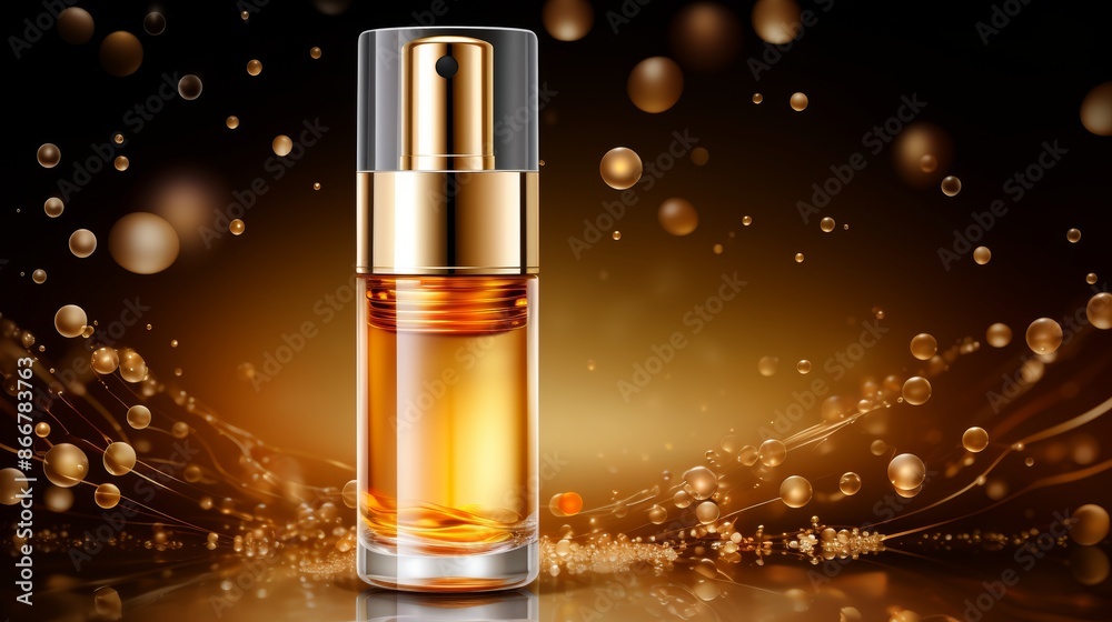 Realistic vector illustration of gold collagen serum bubbles for skincare solutions Realistic vector illustration of gold collagen serum bubbles for skincare solutions