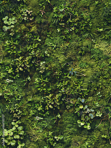 Seamless pattern of a wall adorned with lush green plants and moss