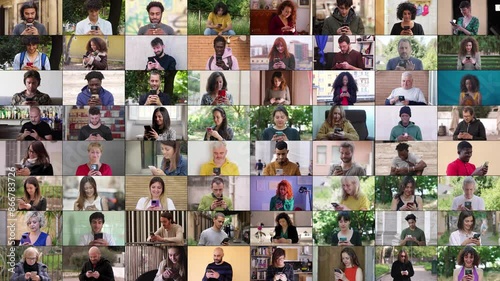 A composition of 64 diverse people engaged in various activities with their smartphones: sending messages, gaming, scrolling, and mor