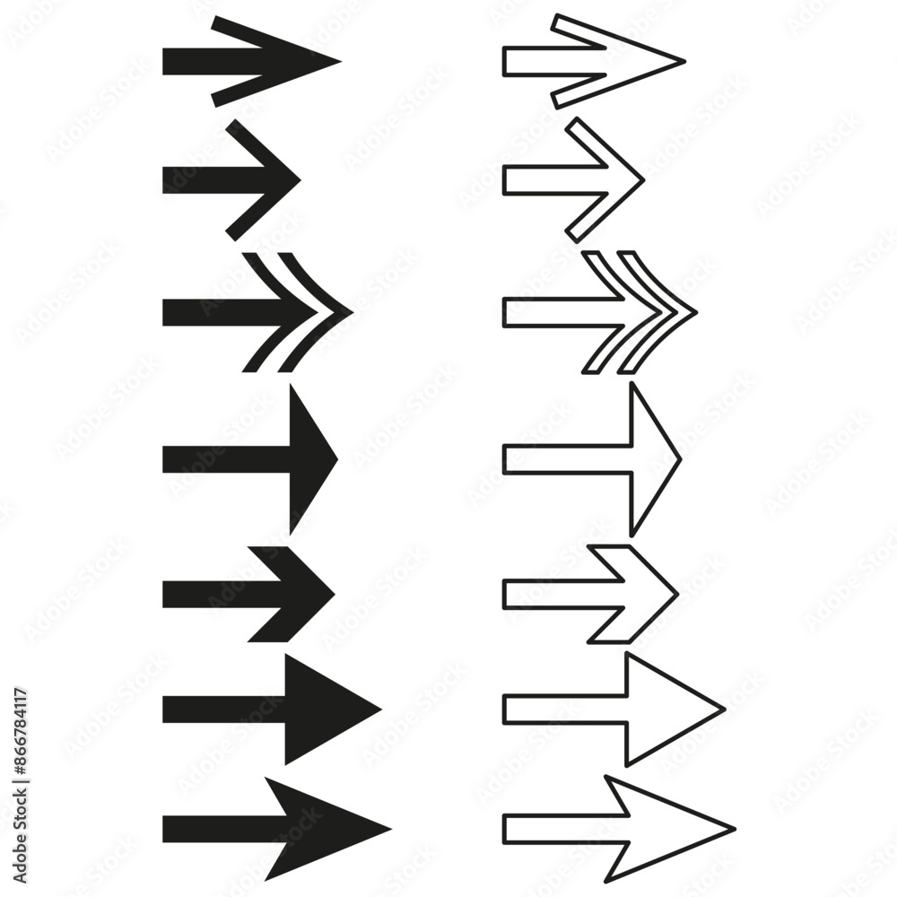 Arrow icons set. Various directions. Black and white vector. Different styles collection. Arrow icons set. Various directions. Black and white vector. Different styles collection.