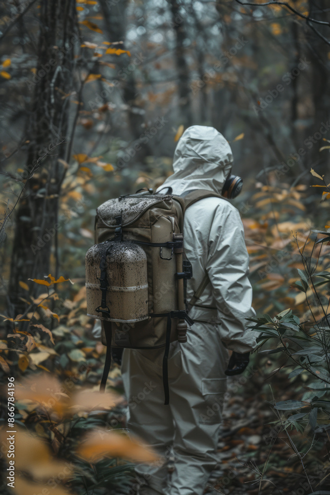 Fototapeta premium A professional in protective clothing using a backpack sprayer to distribute tick repellent in a wooded area of the park,