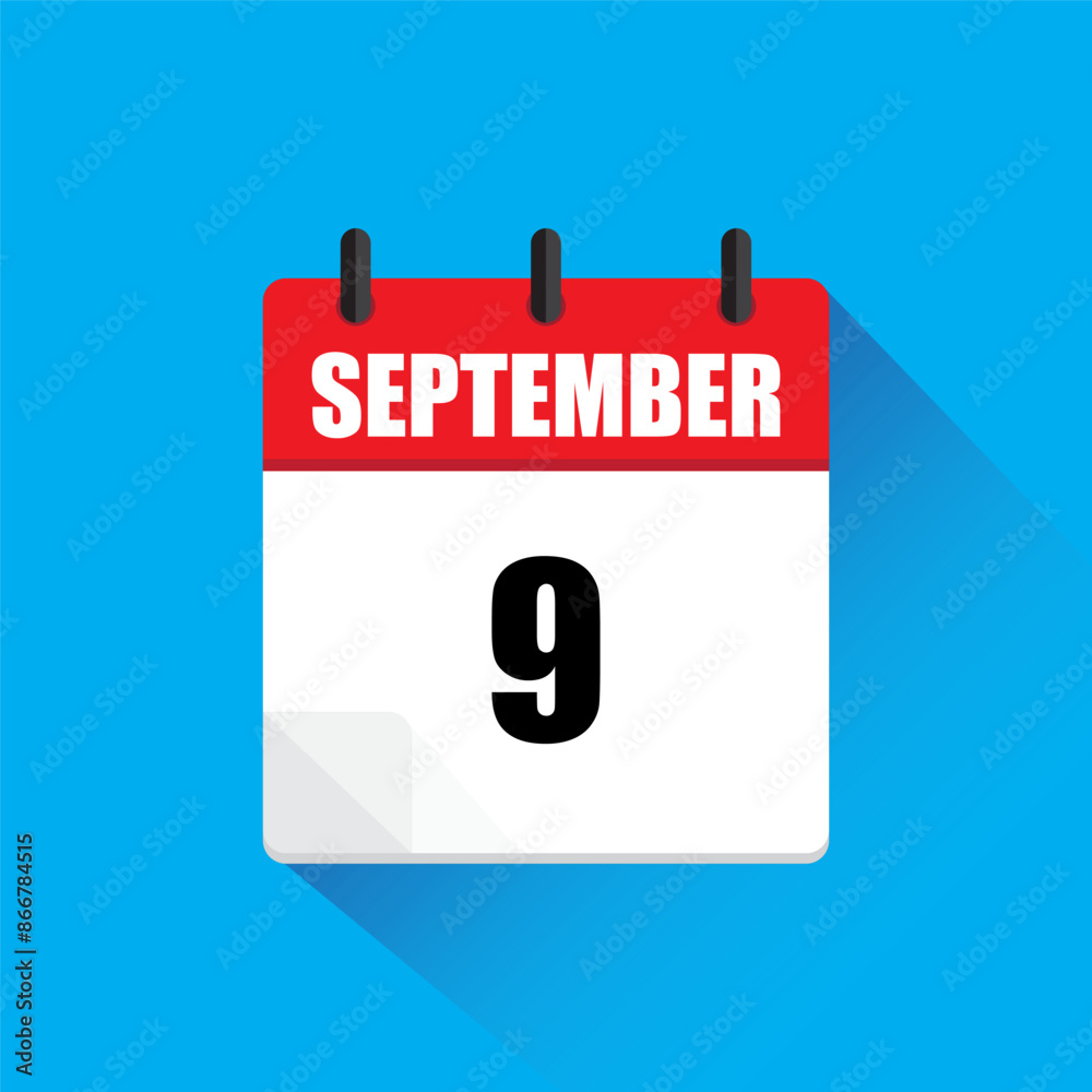 September 9 calendar. Red and white page. Flat vector icon. Blue background. September 9 calendar. Red and white page. Flat vector icon. Blue background.