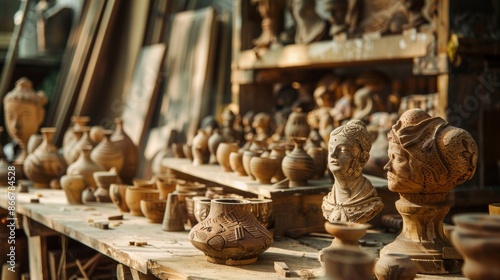 Wooden sculptures and pottery in an artisan workshop photo