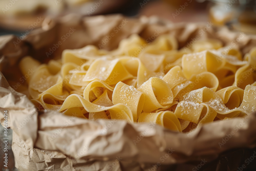 Close-up of organic pasta in a brown paper bag, showcasing the texture and eco-friendly packaging, Close-up of organic pasta in a brown paper bag, showcasing the texture and eco-friendly packaging,