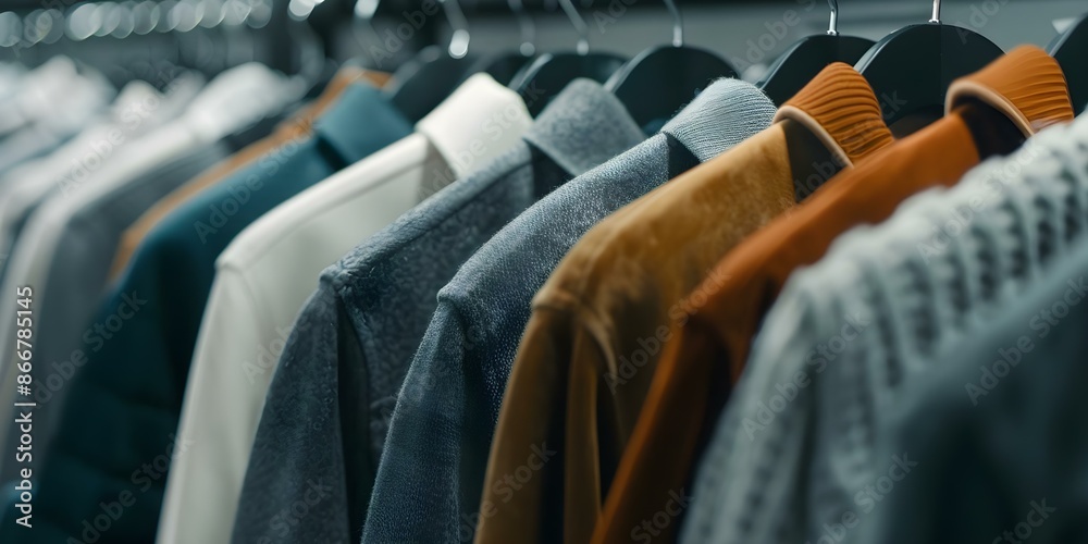 Obraz premium Fashion store displays diverse jackets on elegant hangers in various styles and colors. Concept Fashion, Store Display, Jackets, Hangers, Style, Colors