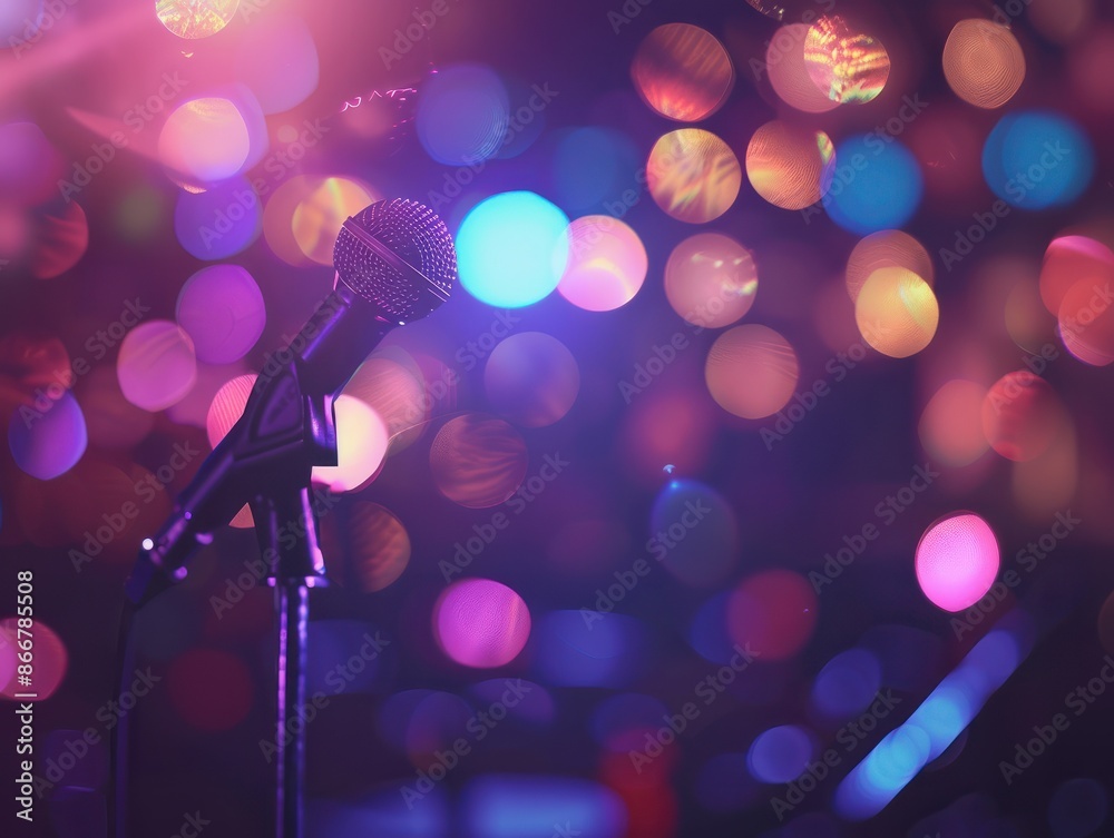 Obraz premium a spotlight karaoke show performance glowing concert stage lights bokeh neon glow event party shiny nightclub disco night music glitter blur shine bright musical rock live empty theater club theater