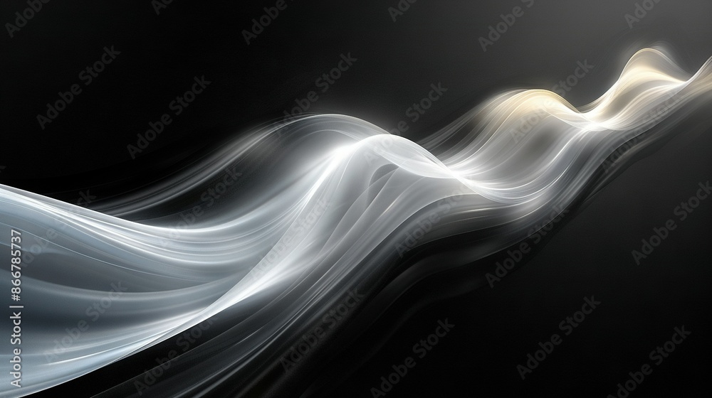 A monochrome image depicts a wave of white-grey smoke against a dark background A monochrome image depicts a wave of white-grey smoke against a dark background