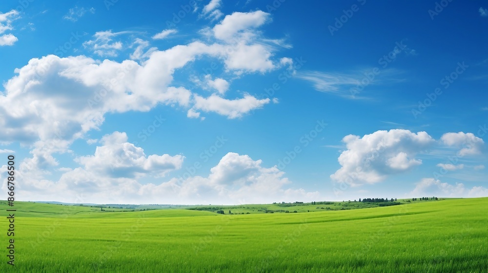 Beautiful Green Rolling Hills Under a Bright Blue Sky with Fluffy White Clouds on a Clear Day. Generative AI Beautiful Green Rolling Hills Under a Bright Blue Sky with Fluffy White Clouds on a Clear Day. Generative AI