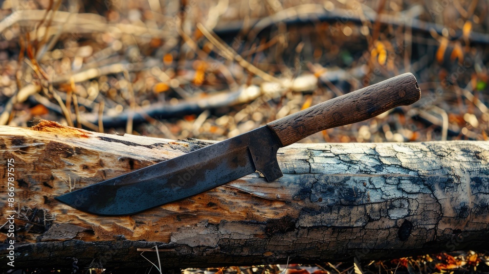 Machete resting on a log with empty space Machete resting on a log with empty space