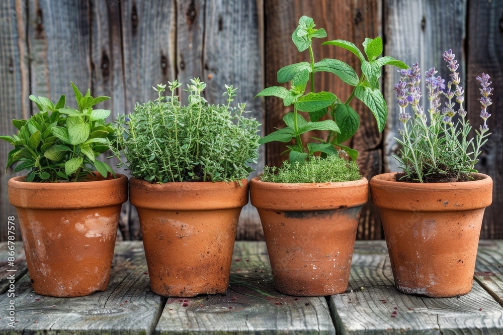 Green Growing. Set of Homegrown Culinary Herbs in Old Clay Pots with Labels