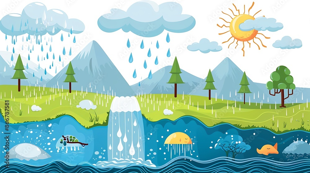 Educational visual aid explaining the water cycle with labeled diagrams of evaporation condensation precipitation and collection suitable for elementary school science lessons Educational visual aid explaining the water cycle with labeled diagrams of evaporation condensation precipitation and collection suitable for elementary school science lessons