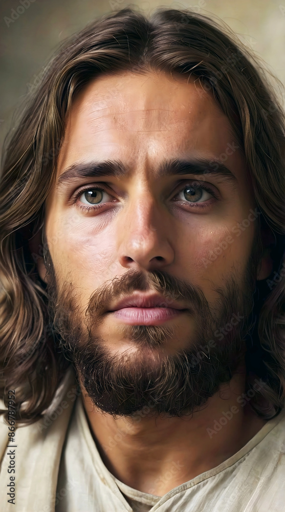 Portrait of Jesus Christ, son of God, Handsome bearded man, religious portrait, Christianity, holy background