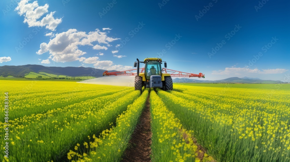 Springtime tractor applying pesticides on wheat field with sprayer in agricultural setting Springtime tractor applying pesticides on wheat field with sprayer in agricultural setting