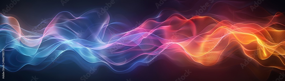 A digital illustration of abstract light waves, glowing in multiple colors, on a dark background A digital illustration of abstract light waves, glowing in multiple colors, on a dark background