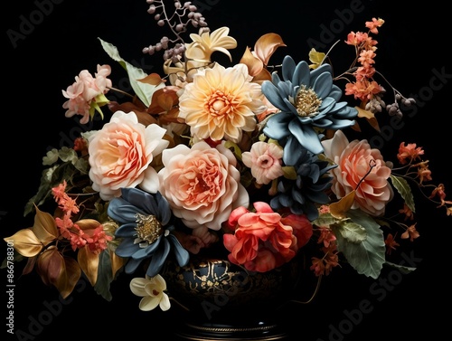 Wallpaper Mural Stunning Bouquet of Roses and Mixed Flowers in a Bronze Vase against a Dark Background. Generative AI Torontodigital.ca