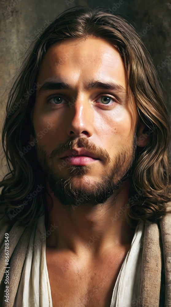 Portrait of Jesus Christ, son of God, Handsome bearded man, religious portrait, Christianity, holy background