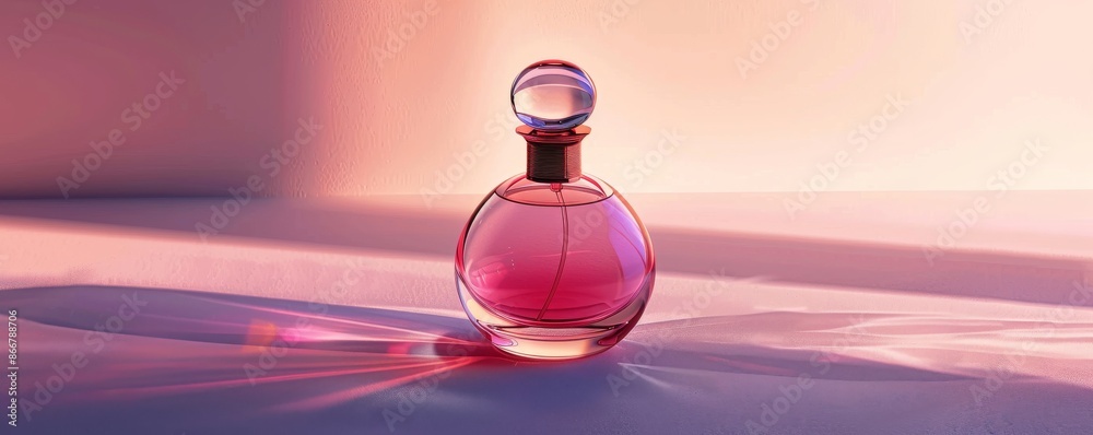 Elegant pink perfume bottle with reflections on a gradient background, luxury fragrance concept Elegant pink perfume bottle with reflections on a gradient background, luxury fragrance concept