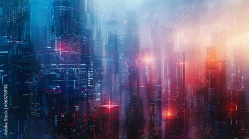 Futuristic abstract digital landscape featuring a cityscape with skyscrapers and tech-inspired architectural elements. Minimalist,contemporary design with geometric patterns,shapes.